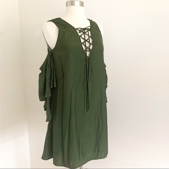 NWT Dark Green Cold Shoulder Boho Dress - Picture 2 of 7